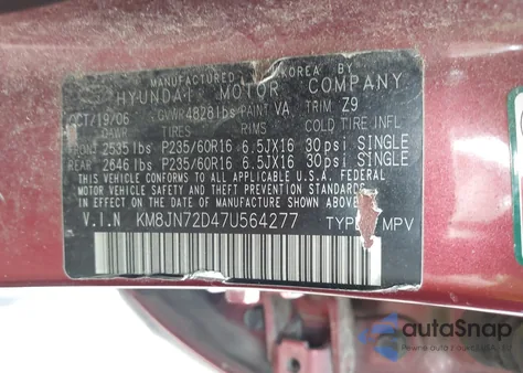 2007 Hyundai Tucson Limited/Se z USA, uszkodzony, nr VIN KM8JN72D47U564277